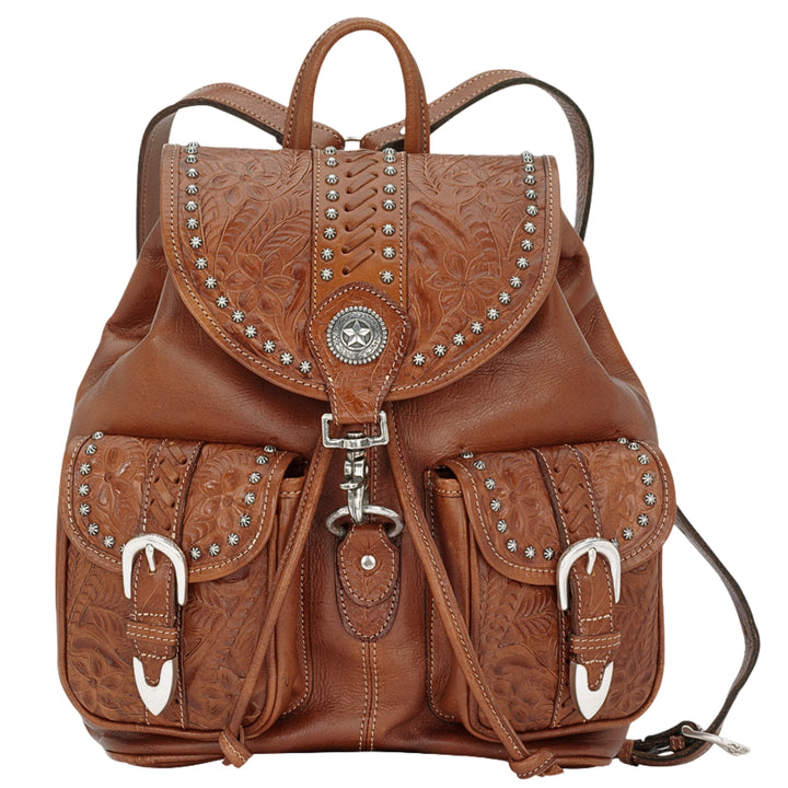 Classic Travel drawstring backpack with front pocket in medium brown with hand tooled leather and buckle set accents