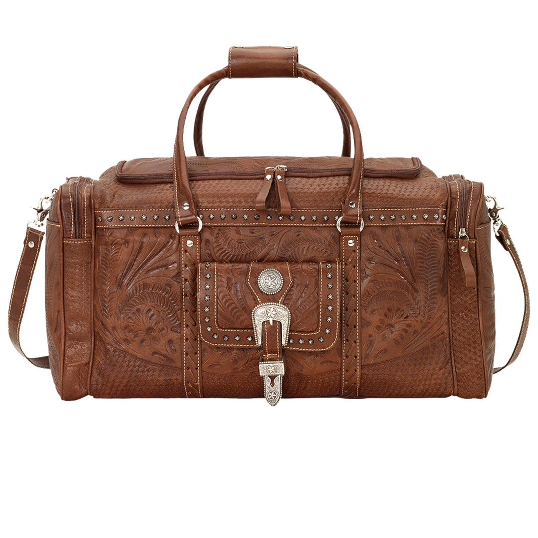 Classic Travel duffel bag with front pouch and side zipper pockets in medium brown with hand tooled leather and buckle set accents