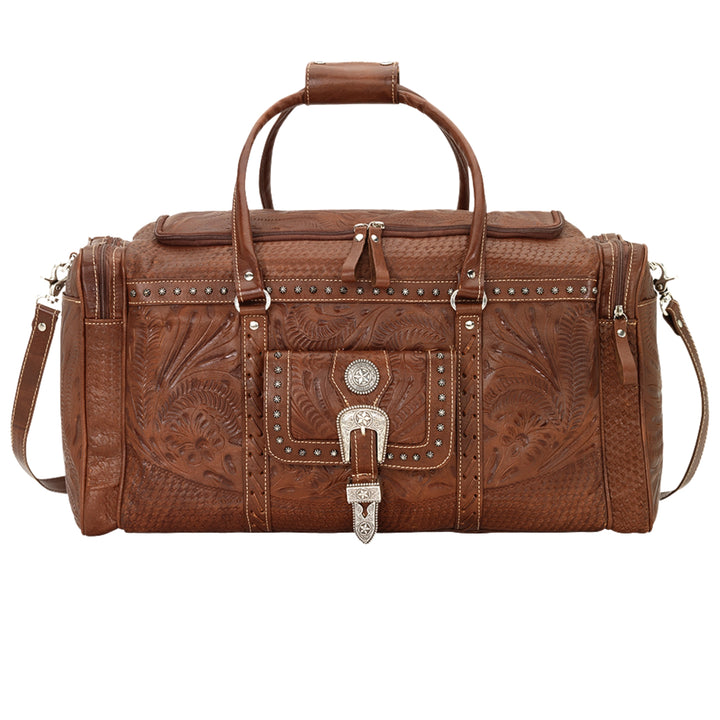 Classic Travel duffel bag with front pouch and side zipper pockets in medium brown with hand tooled leather and buckle set accents