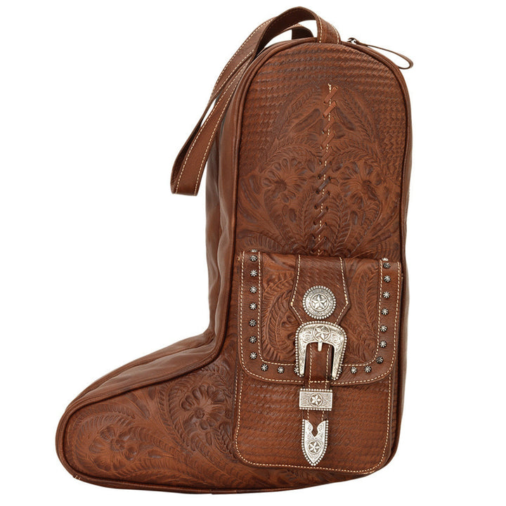 Classic Travel boot bag in medium brown with hand tooled leather and buckle set accents