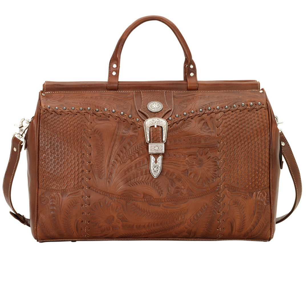 Classic Travel duffel bag in medium brown with hand tooled leather and buckle set accents