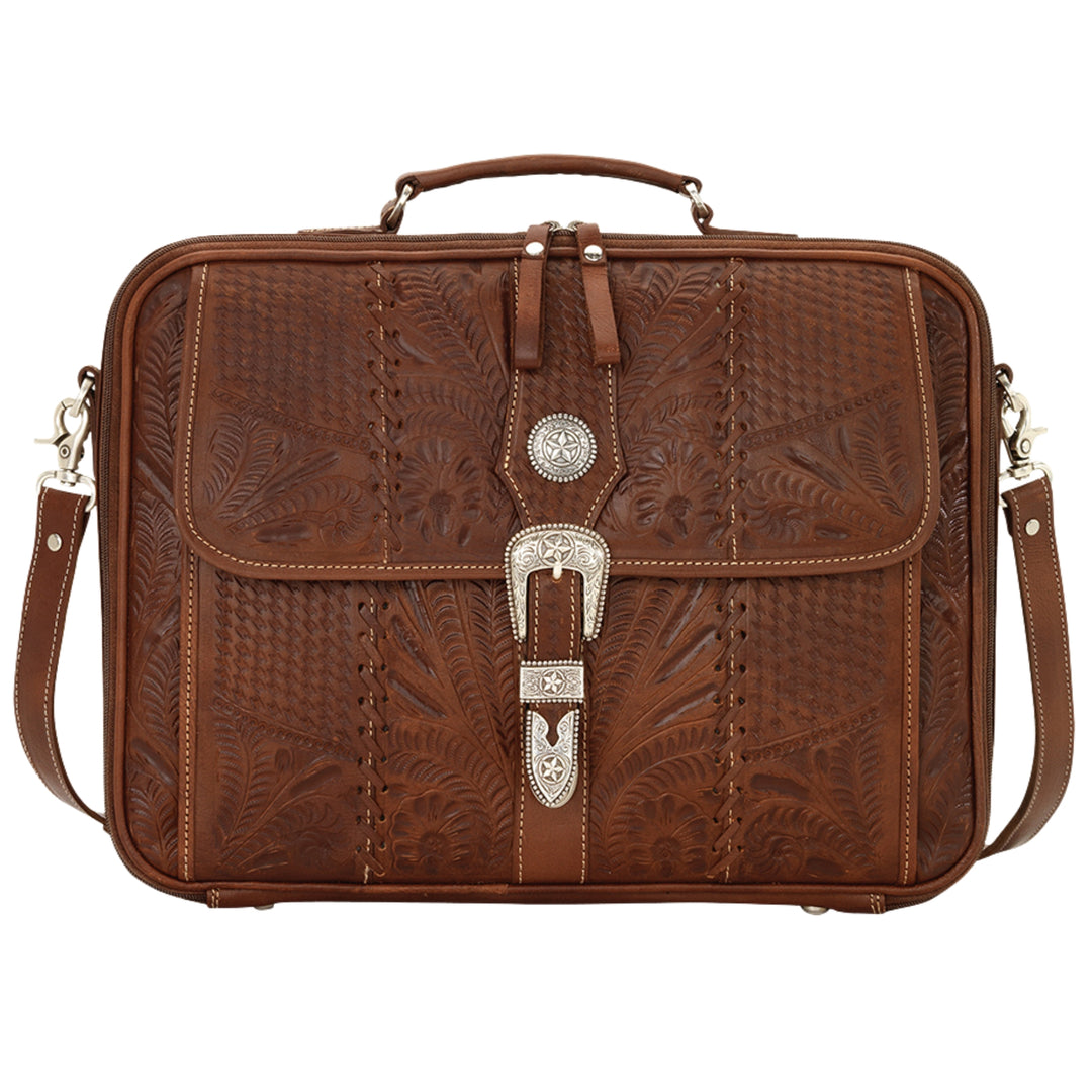 Classic Travel laptop briefcase in medium brown with hand tooled leather and buckle set accents