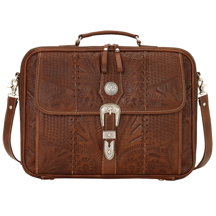 Classic Travel laptop briefcase in medium brown with hand tooled leather and buckle set accents