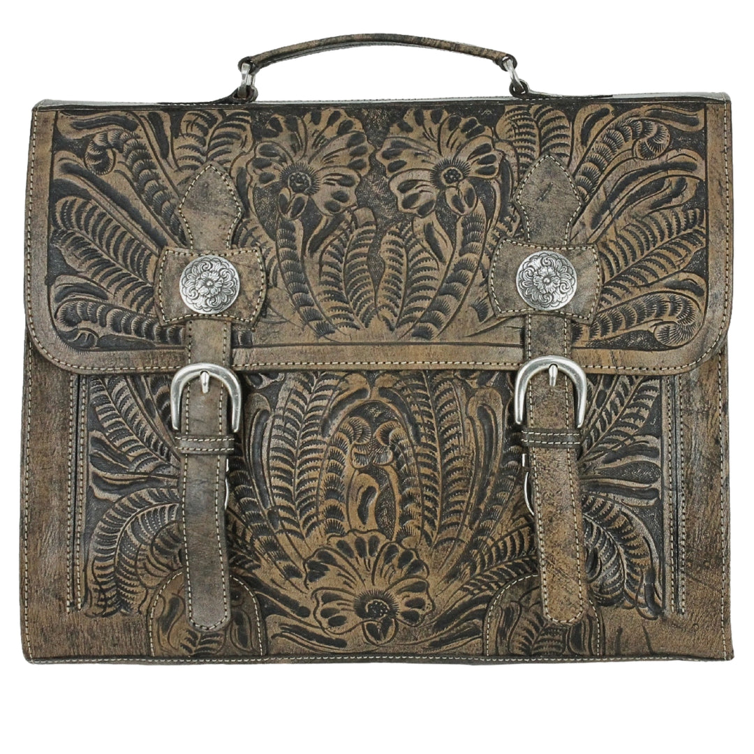 Classic Travel multi-compartment briefcase in distressed charcoal brown with hand tooled leather and buckle set accents