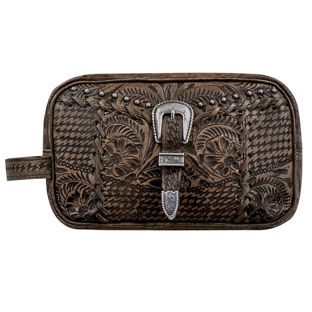 Classic Travel dopp/shaving kit in distressed charcoal brown with hand tooled leather and buckle set accents