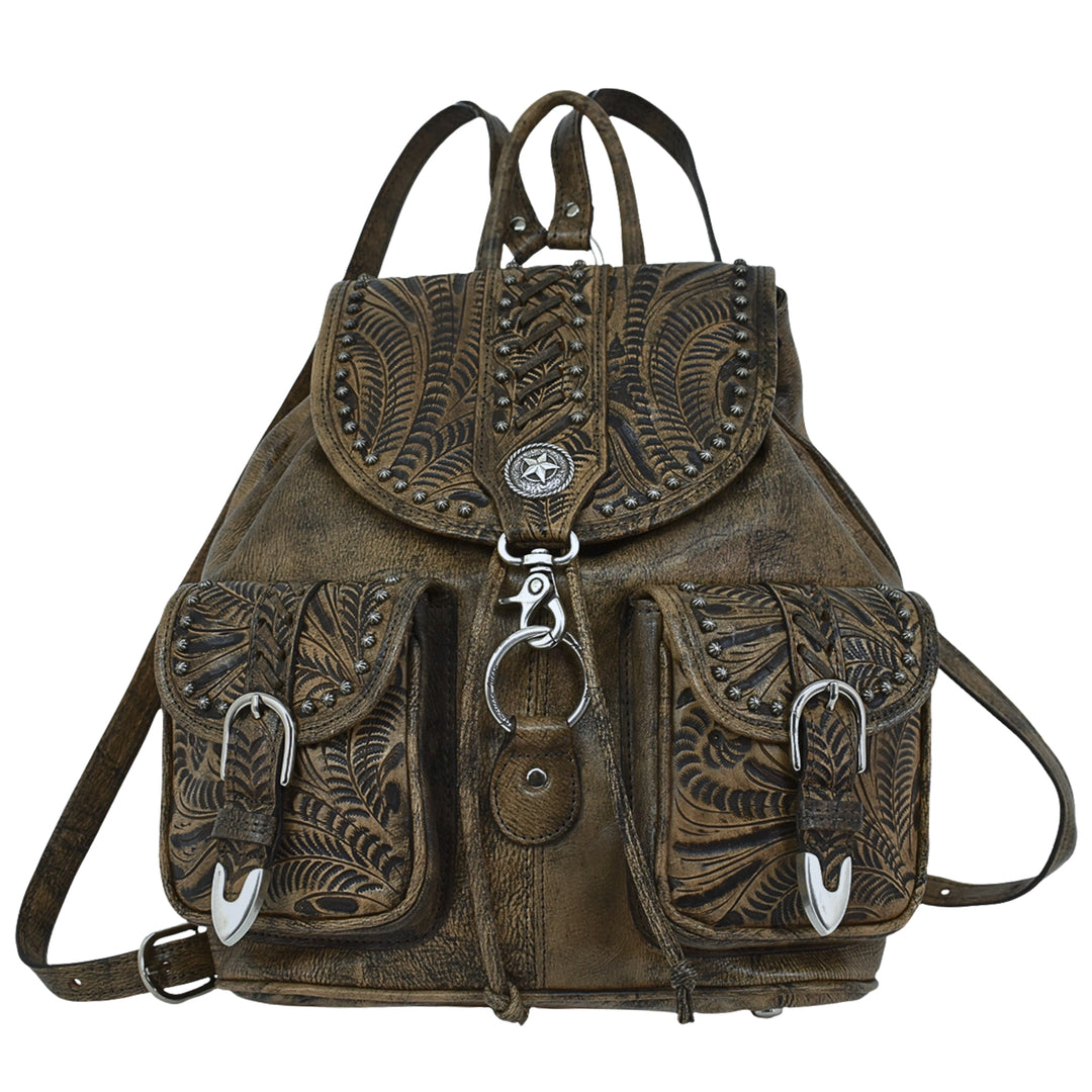 Classic Travel drawstring backpack with front pocket in distressed charcoal brown with hand tooled leather and buckle set accents