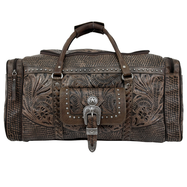 Classic Travel duffel bag with front pouch and side zipper pockets in distressed charcoal brown with hand tooled leather and buckle set