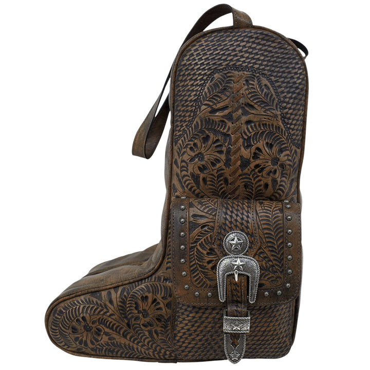Classic Travel boot bag in distressed charcoal brown with hand tooled leather and buckle set accents