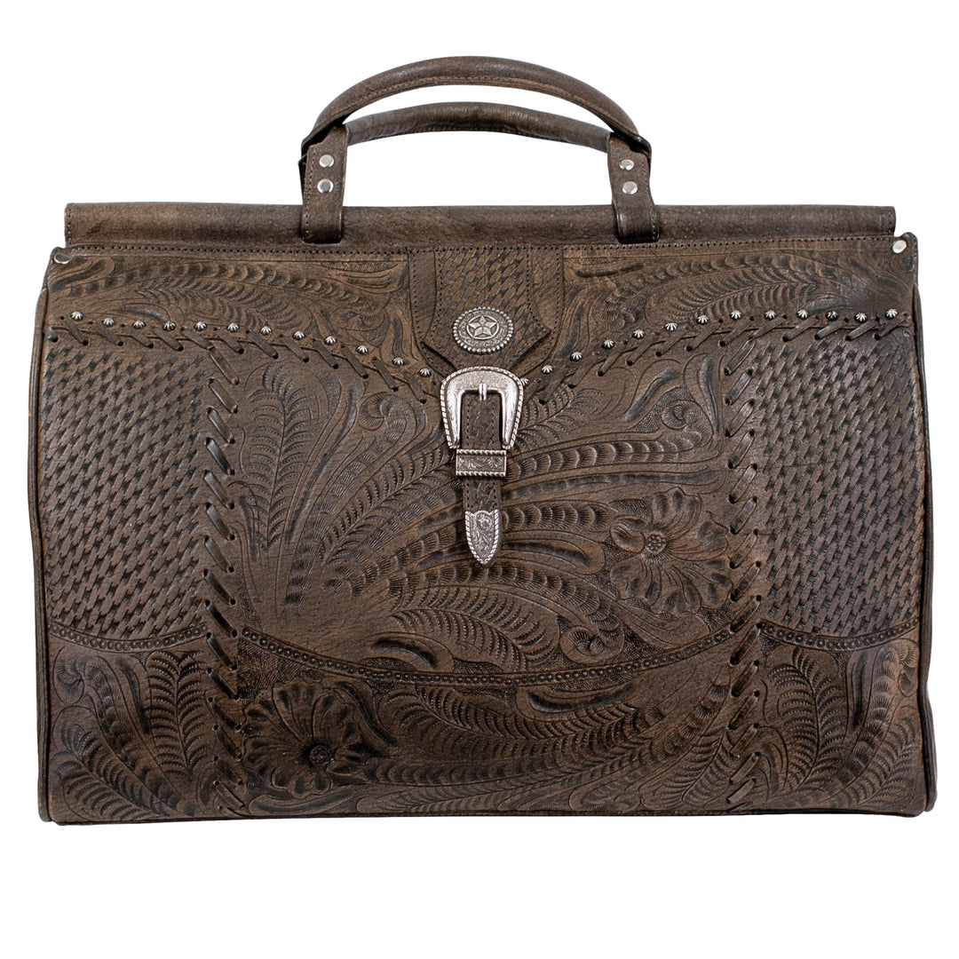 Classic Travel duffel bag in distressed charcoal brown with hand tooled leather and buckle set accents