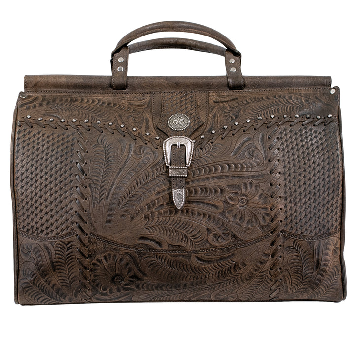 Classic Travel duffel bag in distressed charcoal brown with hand tooled leather and buckle set accents