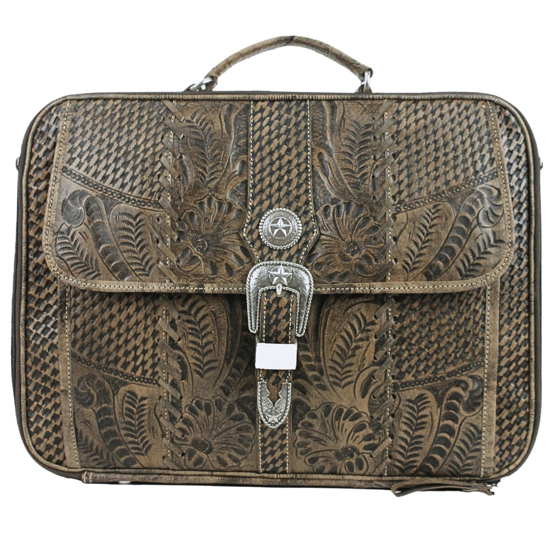 Classic Travel laptop briefcase in distressed charcoal brown with hand tooled leather and buckle set accents