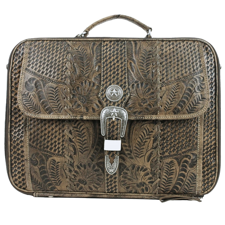 Classic Travel laptop briefcase in distressed charcoal brown with hand tooled leather and buckle set accents