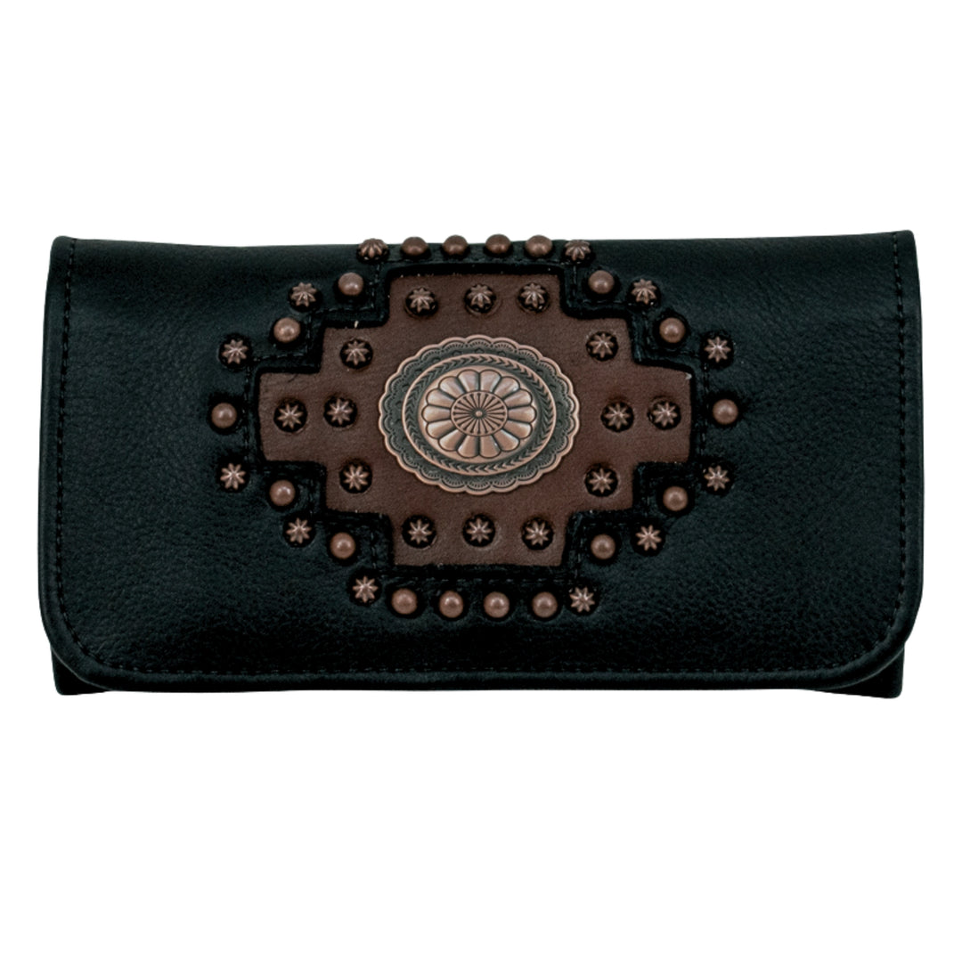 Midnight Copper tri-fold wallet in black accents