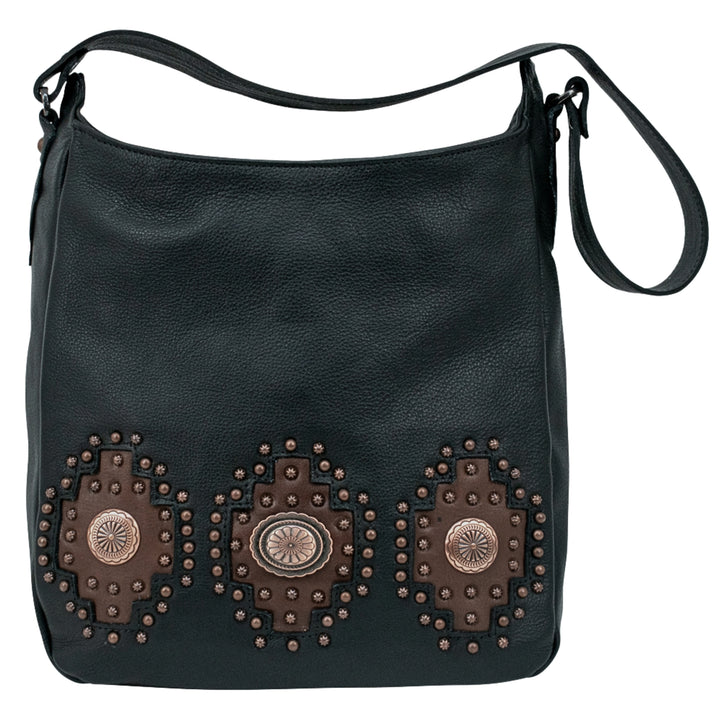 Midnight Copper conceal carry shoulder bag in black with hand tooled accents