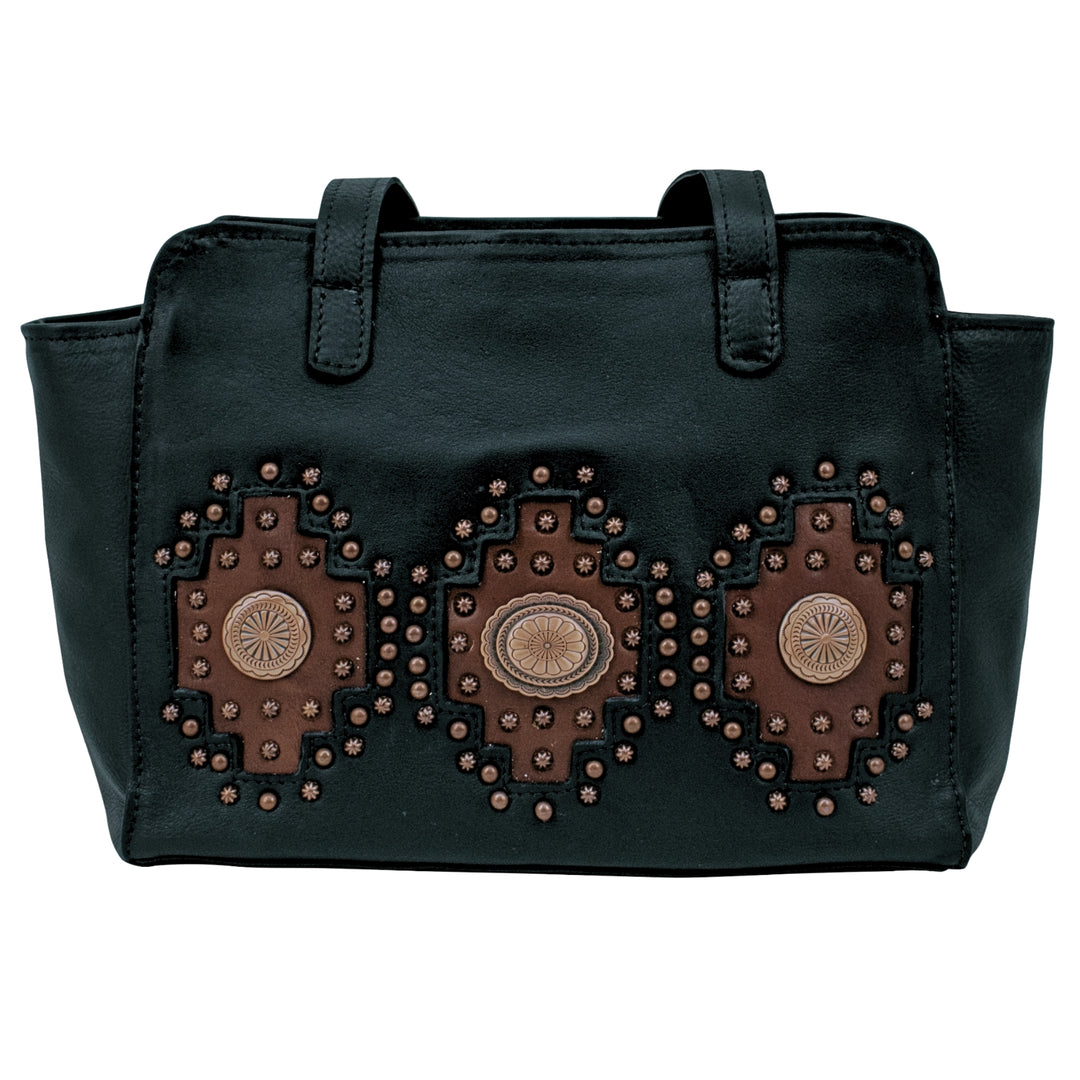 Midnight Copper conceal carry tote in black accents with hand tooled accents