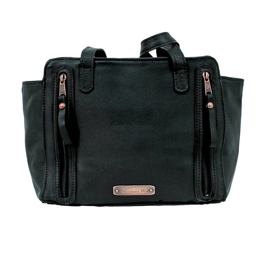 Back view of Midnight Copper conceal carry tote in black showing  conceal carry pocket 