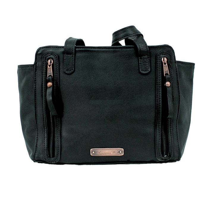 Back view of Midnight Copper conceal carry tote in black showing  conceal carry pocket 