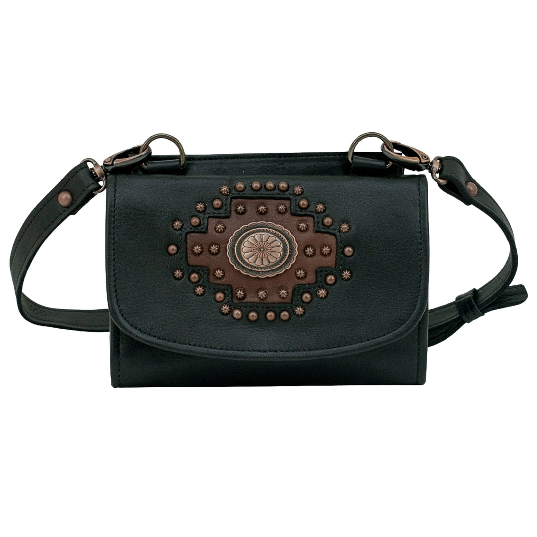 Midnight Copper crossbody bag in black accents with hand tooled accents