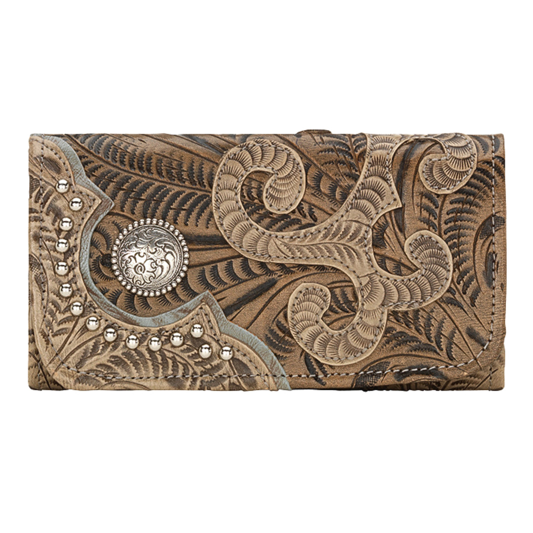 Ladies tri-fold wallet in sand with hand tooled leather with hand tooled accents