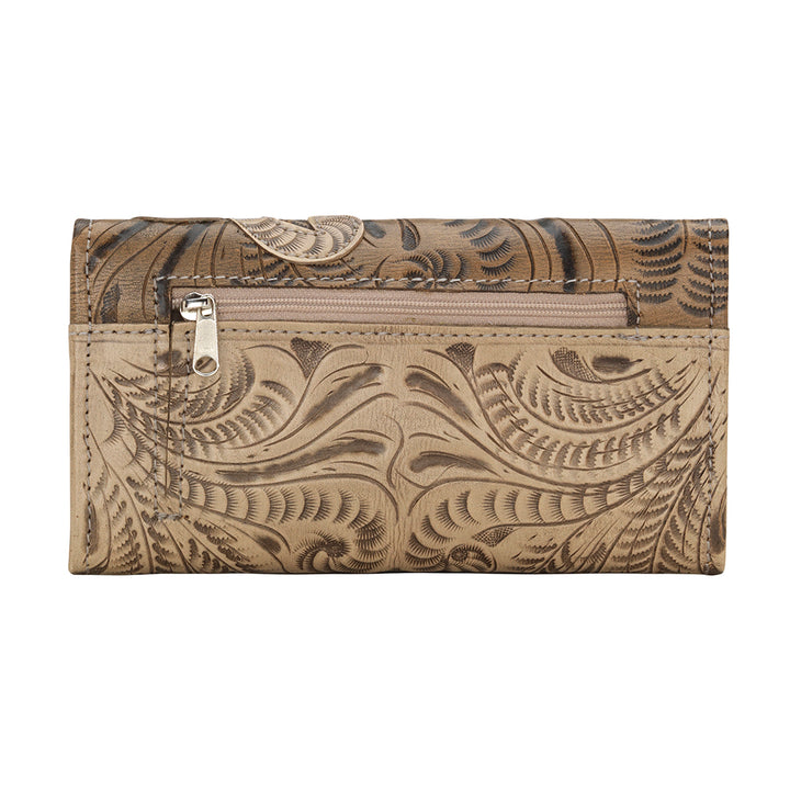 Back view of Ladies tri-fold wallet with zippered pocket