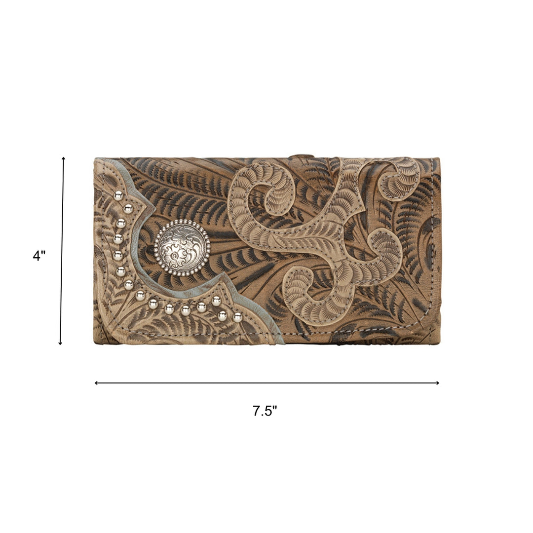 Ladies tri-fold wallet in sand with hand tooled leather accents with dimensions