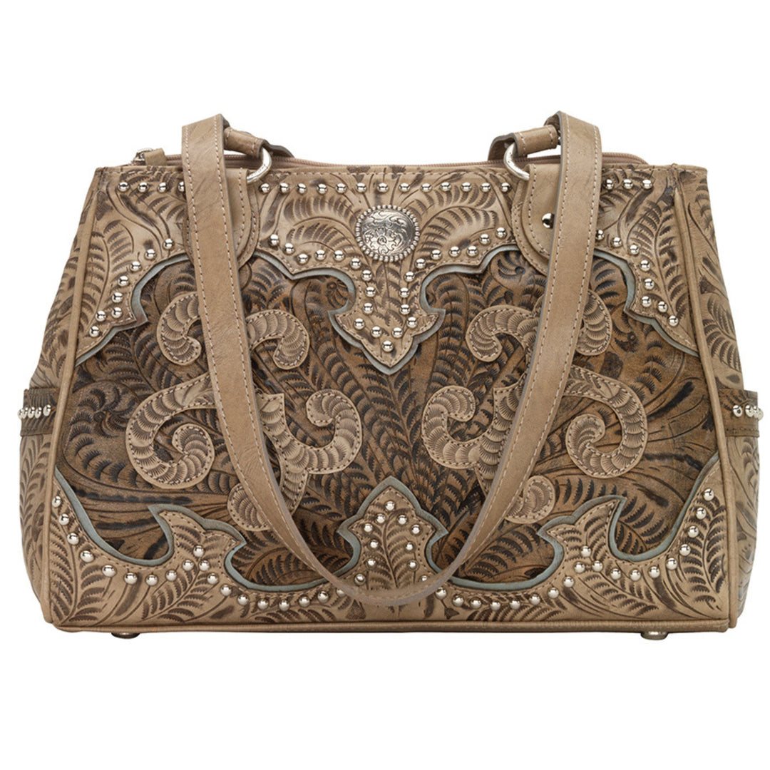 Annie's Secret multi-compartment conceal carry tote in sand with hand tooled leather accents