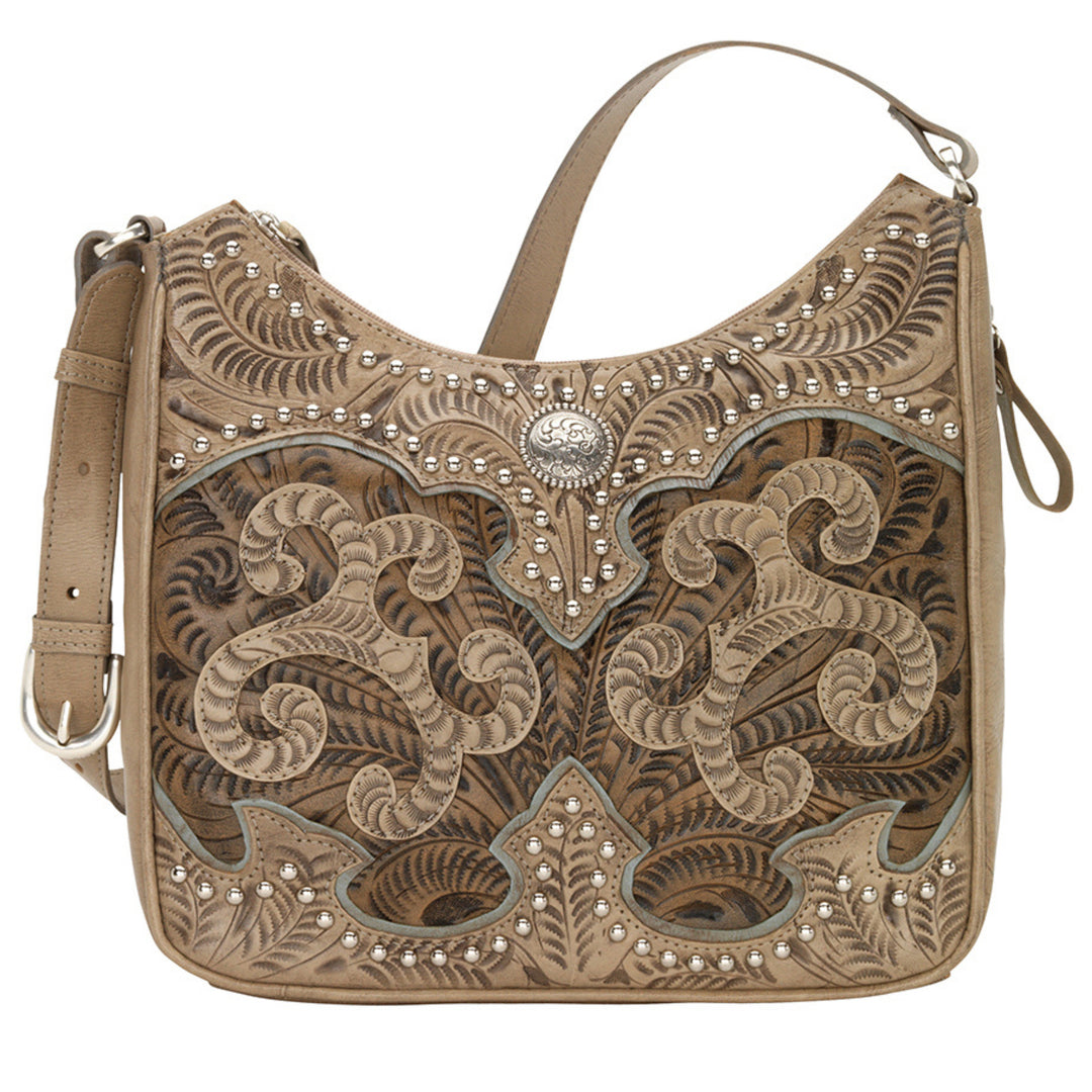 Annie's Secret conceal carry shoulder bag in sand with hand tooled leather accents