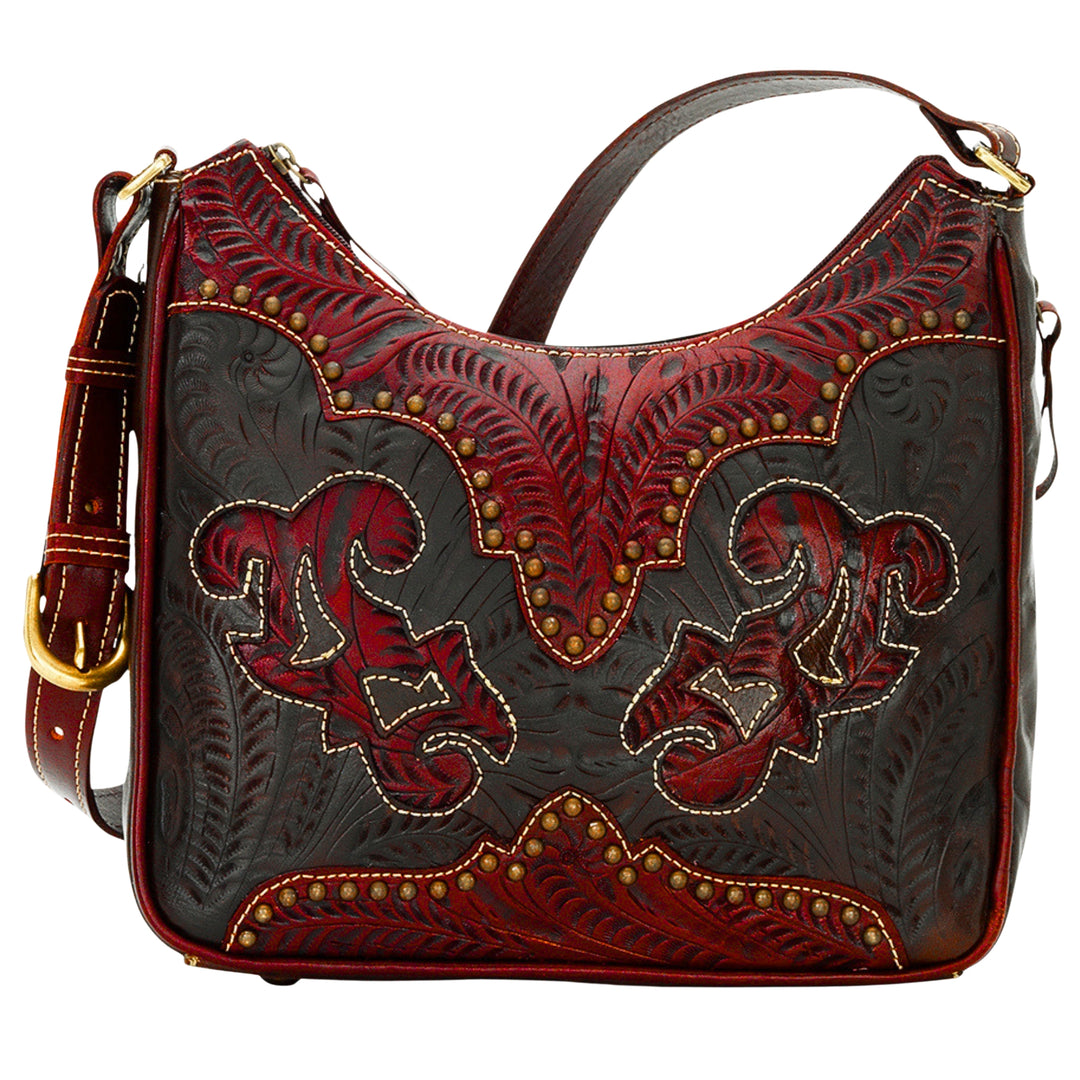 Annie’s Secret Zip Top Shoulder Bag with Conceal Carry Pocket - Hand Tooled Genuine Leather - Red