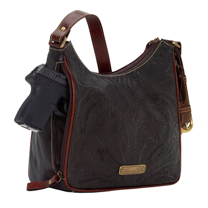 Annie’s Secret Zip Top Shoulder Bag with Conceal Carry Pocket - Hand Tooled Genuine Leather - Red