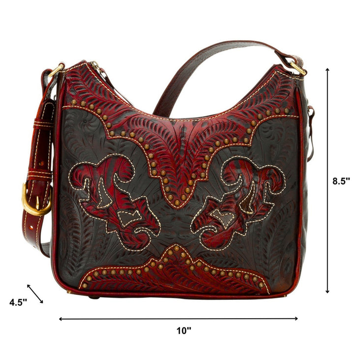 Annie’s Secret Zip Top Shoulder Bag with Conceal Carry Pocket - Hand Tooled Genuine Leather - Red