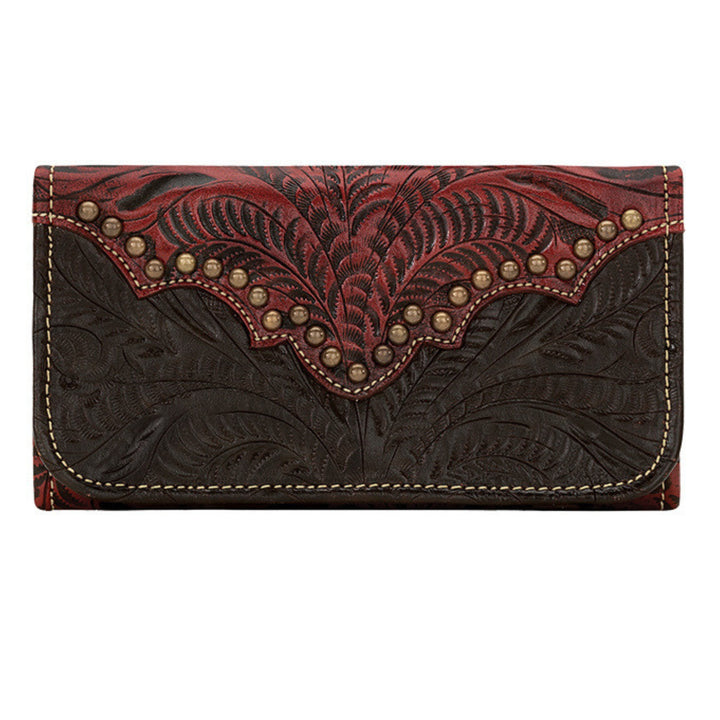 Ladies tri-fold wallet in chocolate brown with hand tooled leather accents