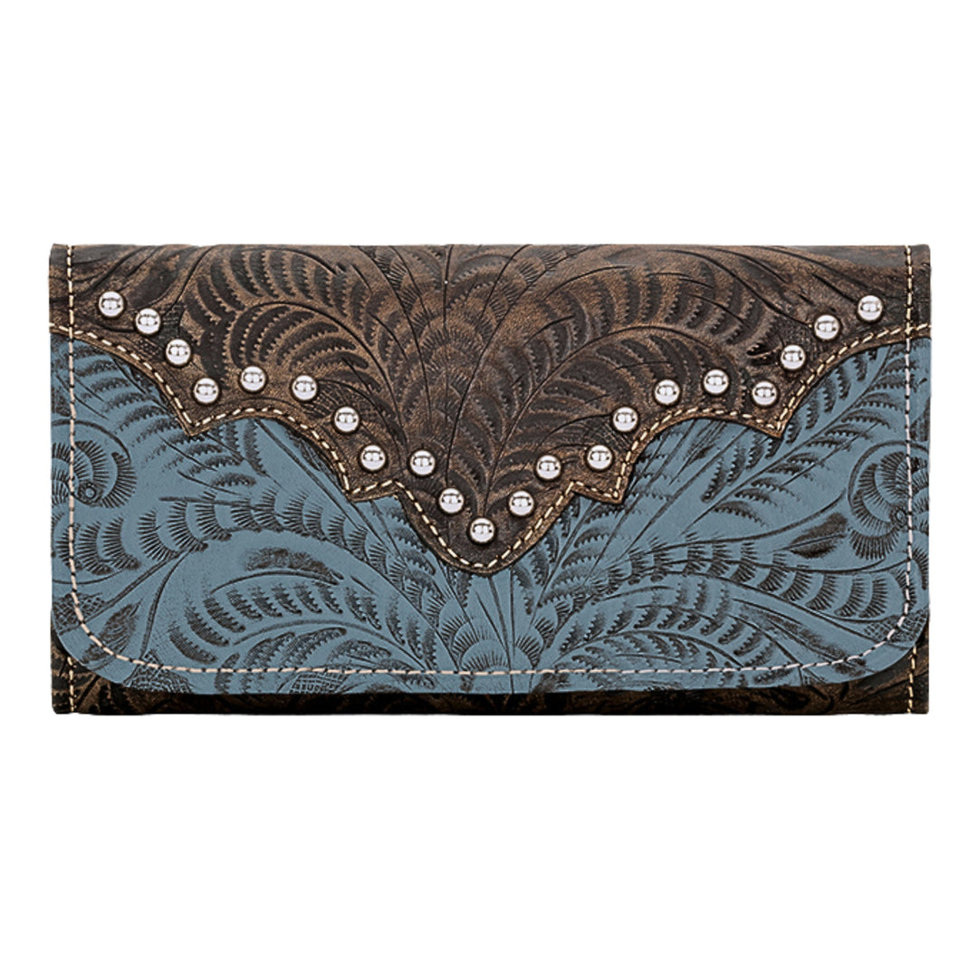 Ladies tri-fold wallet in denim blue with hand tooled leather accents