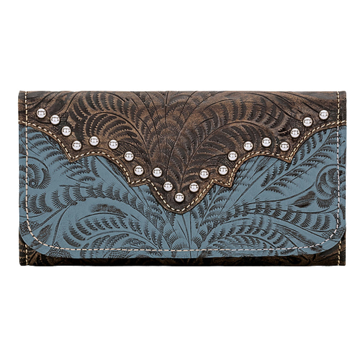 Ladies tri-fold wallet in denim blue with hand tooled leather accents