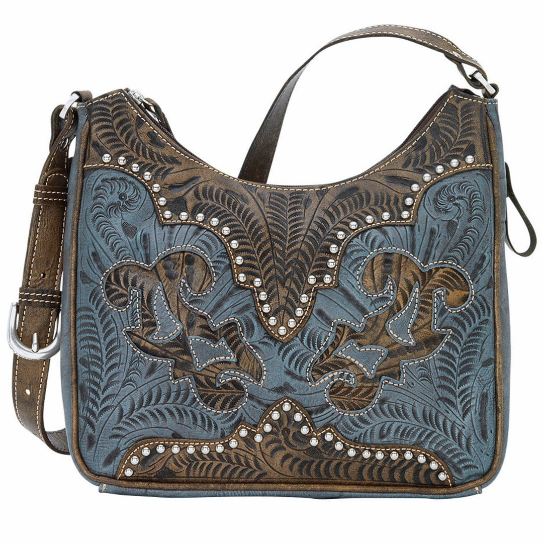 Annie's Secret conceal carry shoulder bag in denim blue with hand tooled leather accents
