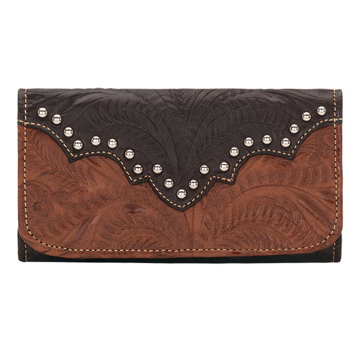 Ladies tri-fold wallet in medium brown with hand tooled leather accents