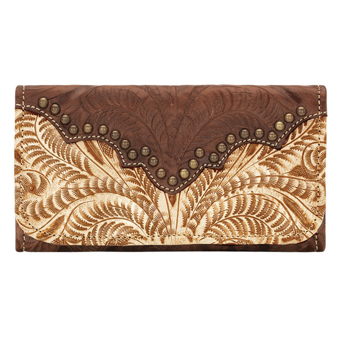 Ladies tri-fold wallet with hand tooled leather accents