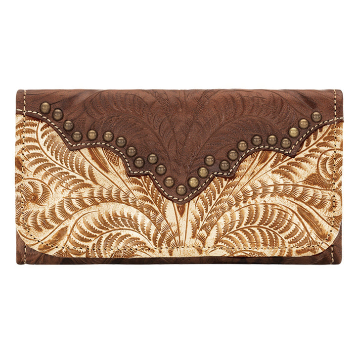 Ladies tri-fold wallet with hand tooled leather accents