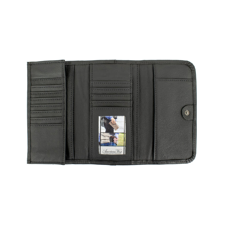 Inside view of Midnight Copper tri-fold wallet in black with cash and card slots