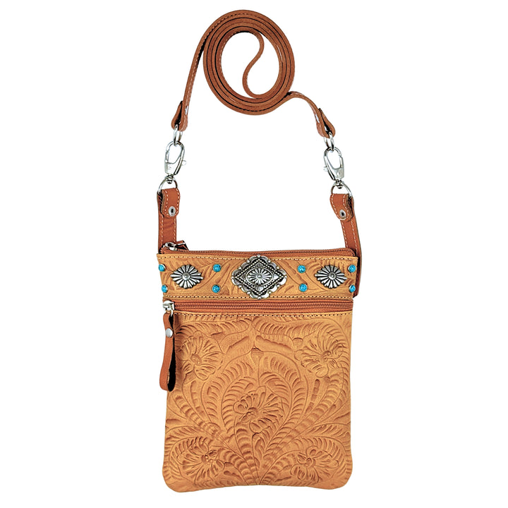 Turquoise Mesa Trail Rider Tall Crossbody – Hand-Tooled Genuine Leather