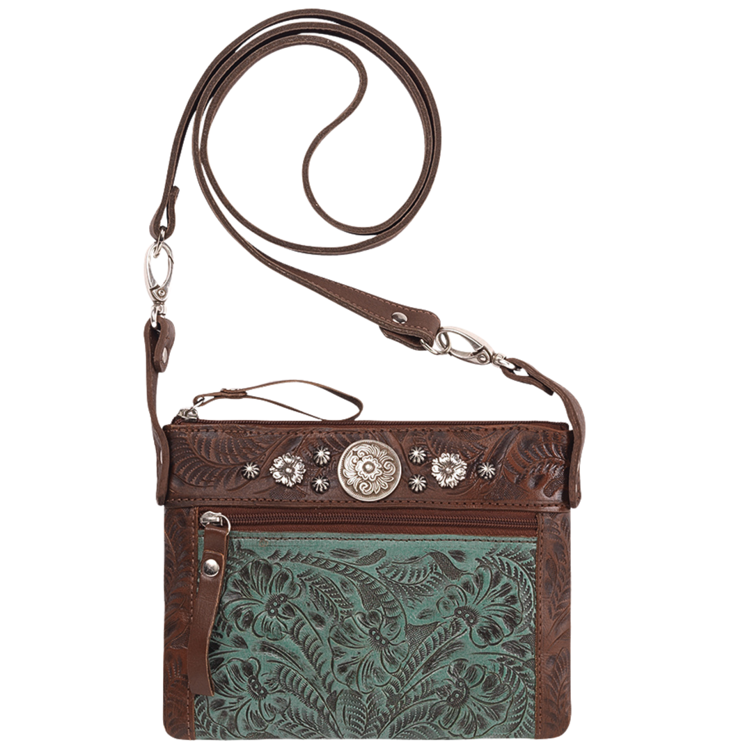Canyon Bloom crossbody/hip bag in light turquoise with hand tooled leather accents