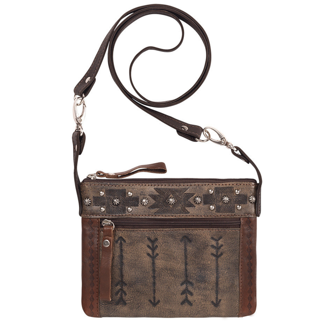 Frontier Arrows crossbody/hip bag in distressed charcoal brown with hand tooled leather accents