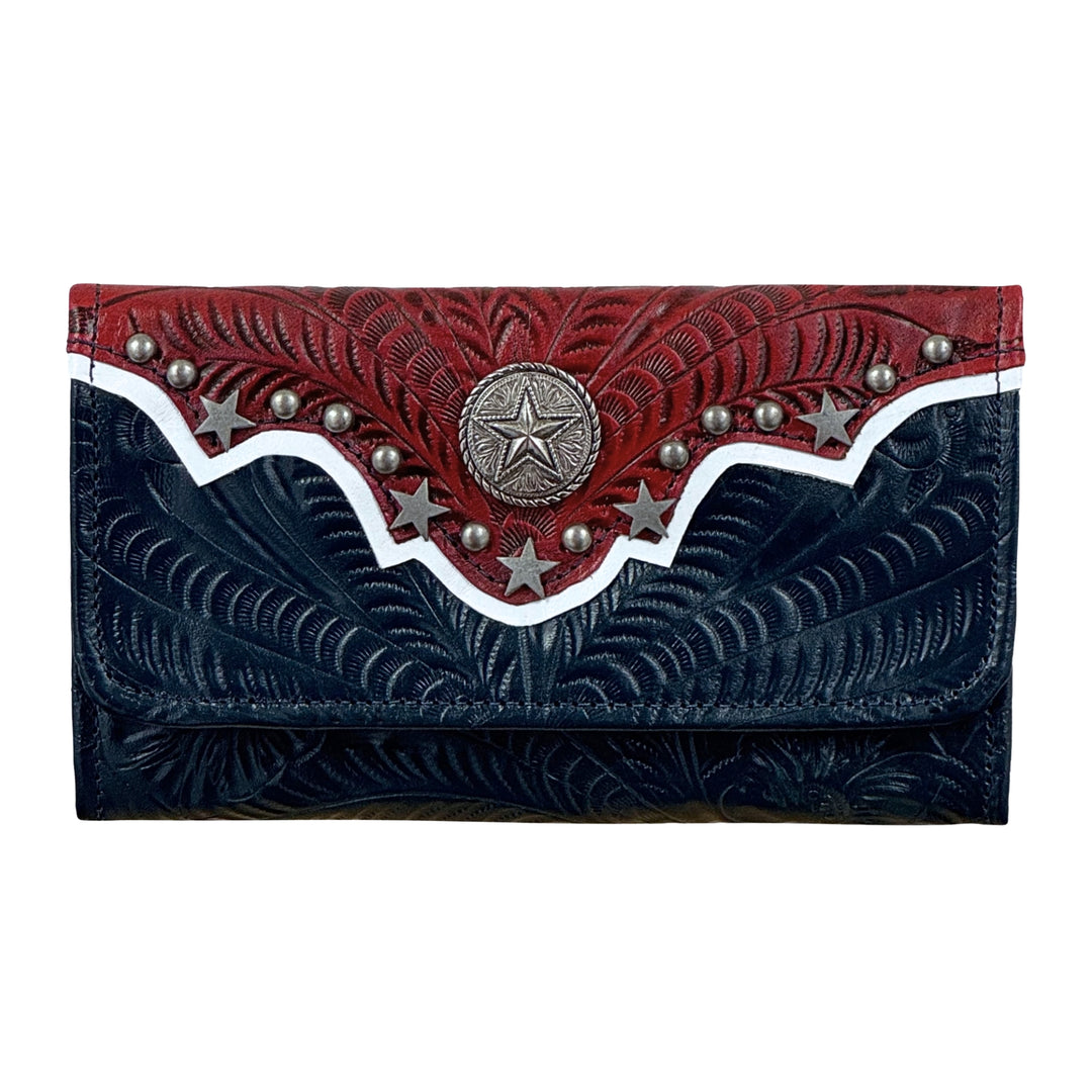 Stars and Stripes tri-fold wallet in navy with hand tooled leather accents