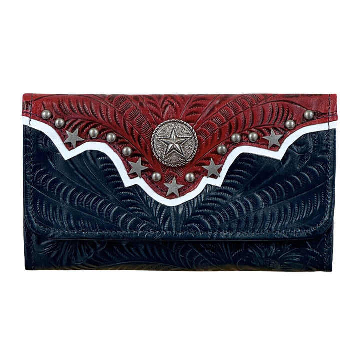 Stars and Stripes tri-fold wallet in navy with hand tooled leather accents