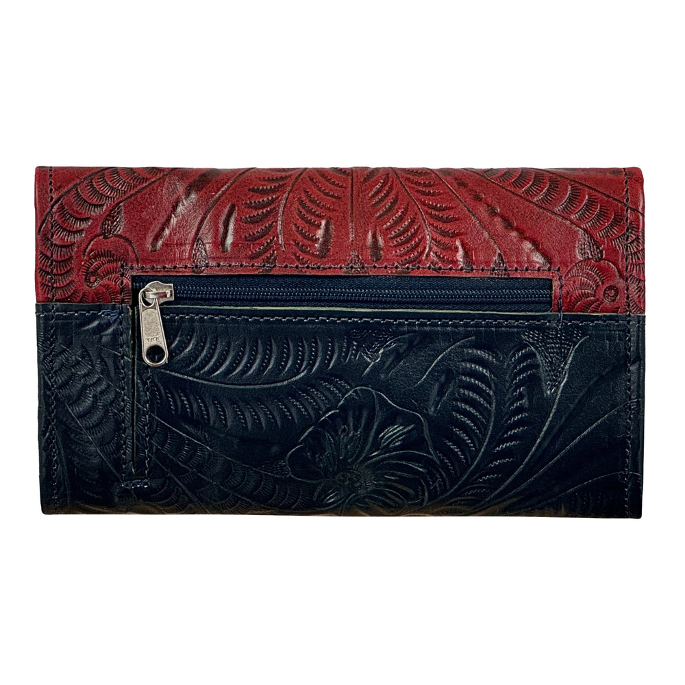 Back of Stars and Stripes tri-fold wallet in navy with hand tooled leather accents