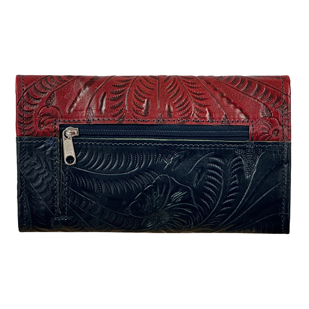 Back of Stars and Stripes tri-fold wallet in navy with hand tooled leather accents