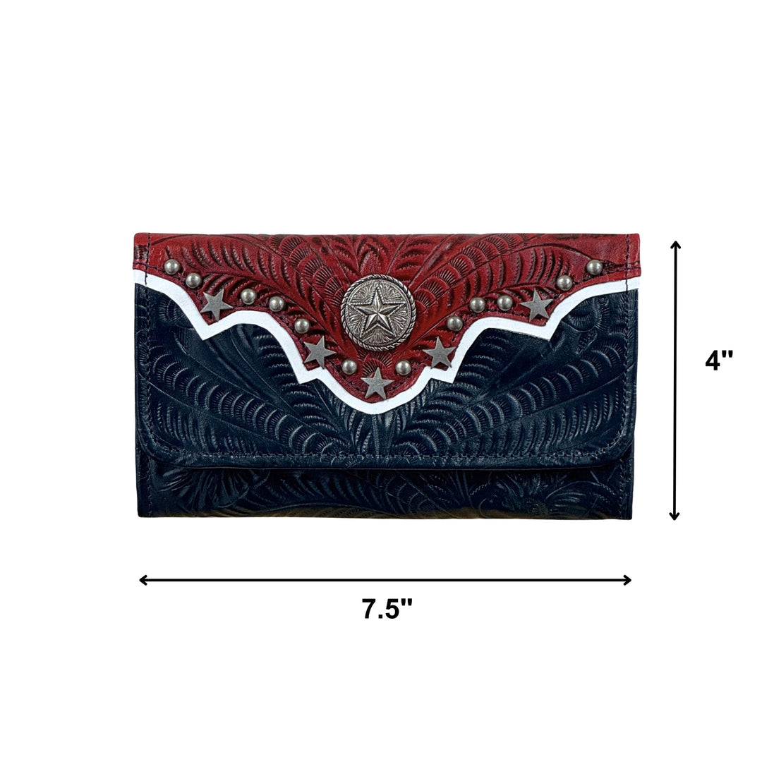 Stars and Stripes tri-fold wallet in navy with hand tooled leather accents