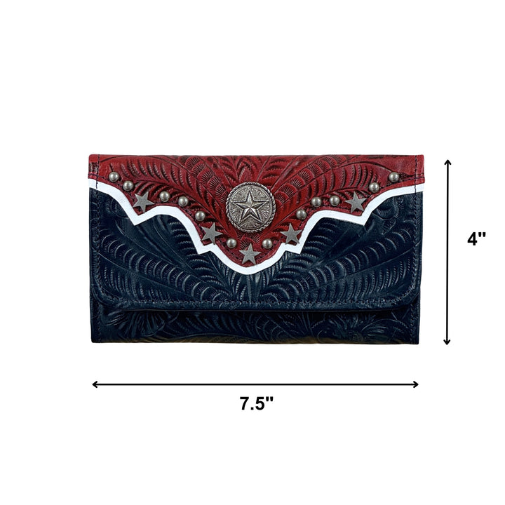 Stars and Stripes tri-fold wallet in navy with hand tooled leather accents