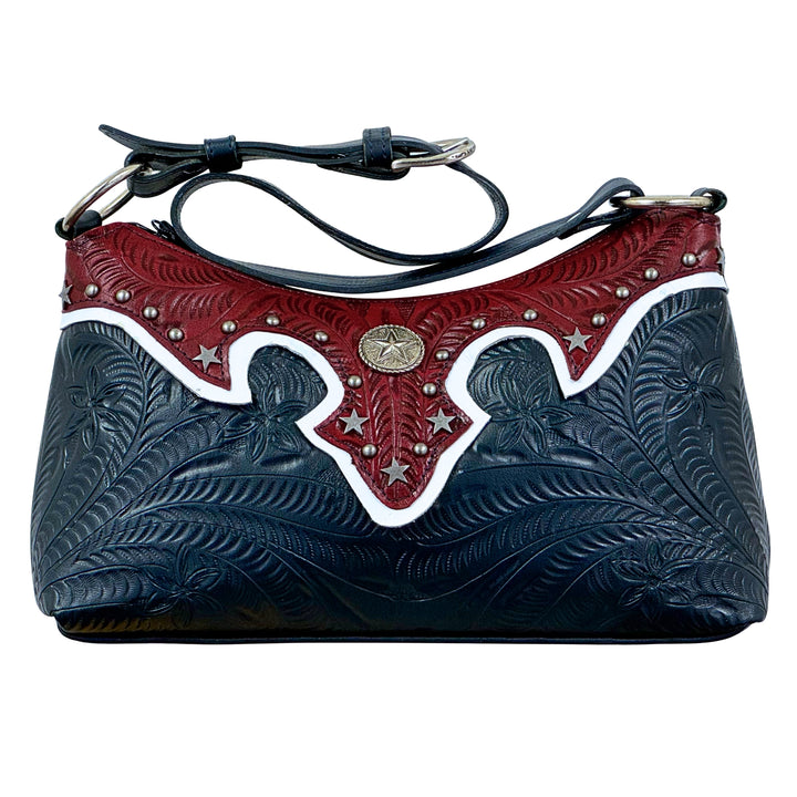 Stars and Stripes shoulder bag in navy with hand tooled leather accents