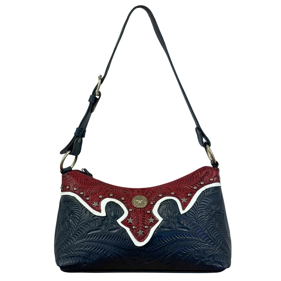 Stars and Stripes shoulder bag in navy with hand tooled leather accents with handles up