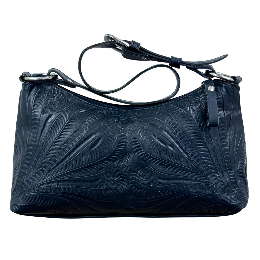 Back of Stars and Stripes shoulder bag in navy with hand tooled leather accents